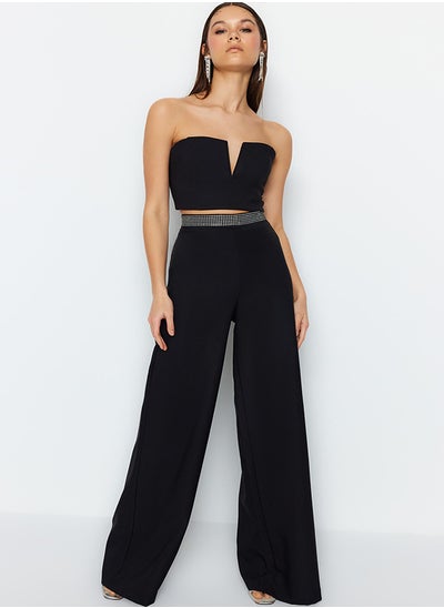 Buy Black Stone Belt Detailed Woven Trousers TPRSS23PL00042 in Egypt