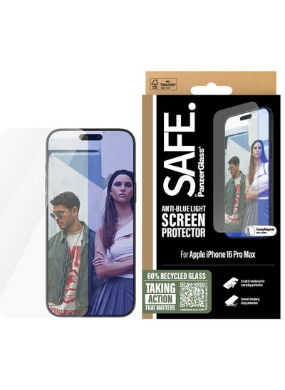 اشتري SAFE by PanzerGlass® Anti-Blue Light Screen Protector for iPhone 16 Pro Max, 60% Recycled Glass, Smudge-Free Coating - with mounting aid for easy installation, Tempered Glass Screen Protector For iPhone 16 في الامارات