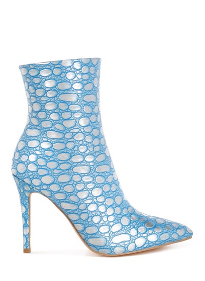 Buy Blue Embossed Stiletto Heel Ankle Boots in UAE