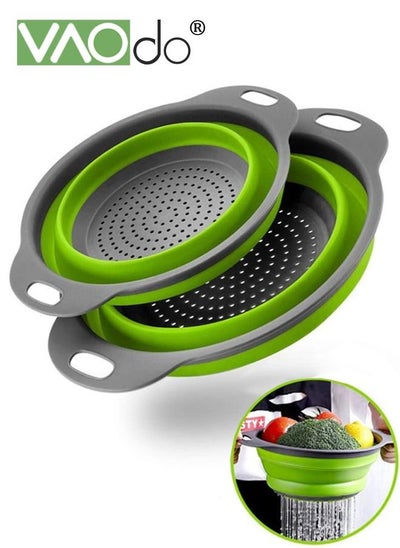 Buy Collapsible Kitchen Draining Basket Round Silicone Strainer Set Two Size Small and Large Strainers for Vegetables and Fruits Portable Basket with Double Handles Green in Saudi Arabia