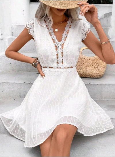 Buy SHEIN  V-Neck Belted White  Short  Dress in Egypt