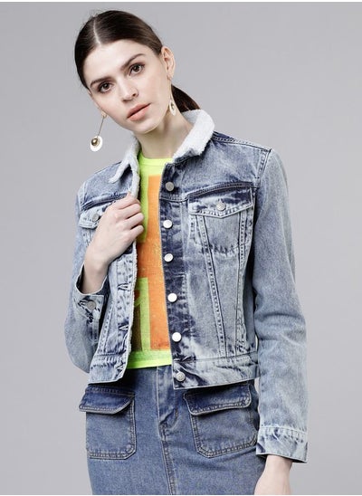 Buy Solid Cropped Fluffy Collar Denim Jacket in Saudi Arabia