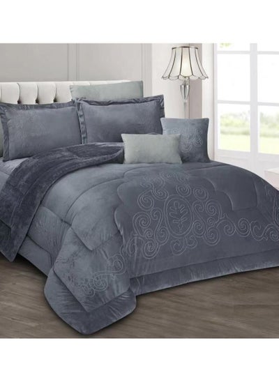 Buy HOURS Comforter set plain velvet and winter fur 8 pieces king size in Saudi Arabia