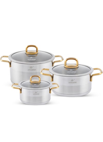 اشتري President Series Premium 18/10 Stainless Steel Cookware Set - Pots and Pans Set Induction 3-Ply Thick Base for Even Heating Includes Casserroles 16/20/24cm Oven Safe Silver Gold في الامارات