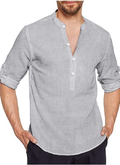 Buy Men's Stand Collar Half Cardigan Long Sleeved Cotton Linen Shirt in Saudi Arabia