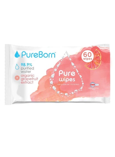 Buy PureBorn Organic/Natural Cotton Pure Baby Water Wipes with Grapefruit extract in UAE