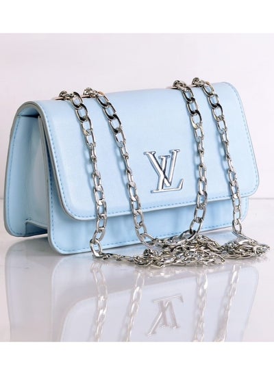 Buy Baby Blue Leather CrossBody Handbag with adjustable Chain handle in silver color in Egypt