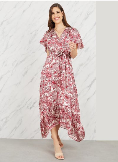 اشتري Paisley Print Asymmetric Hem A-Line Midi Dress with Self Tie Up في السعودية