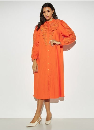 Buy 2Xtremz Lace Detail Midi Shirt Dress with Band Collar and Long Sleeves in Saudi Arabia