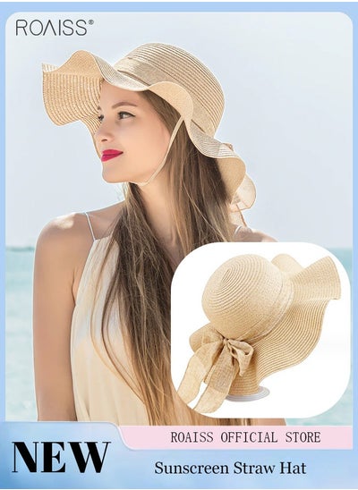 Buy Women's Fashion Sunshade Hat Lace Hollow Woven Big Brim Beach Hat Ruffle Design Foldable Flower Woven Fisherman Hat in UAE