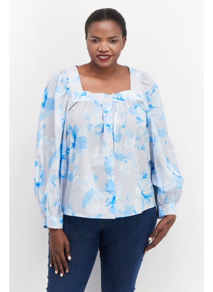 Buy Women Square Neck Long Sleeve Allover Printed  Top, Blue Combo in UAE