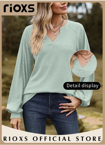 Buy Women's V-neck Long Sleeve Shirt Knitted Loose Sleeves Fitted Solid Color Jacquard Tops Soft and Comfortable Pullover Shirt in UAE