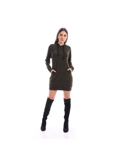 Buy Knitted Hooded Dress With Kangaroo Pocket - Olive Green in Egypt