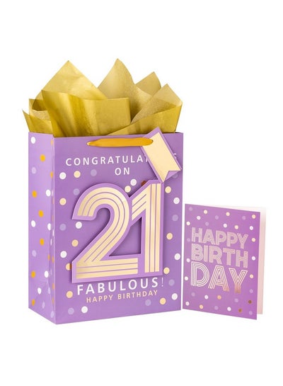 Buy 13" Large Gift Bag With Greeting Card And Tissue Paper For 21Th Birthday Party Purple Gold Foil in UAE