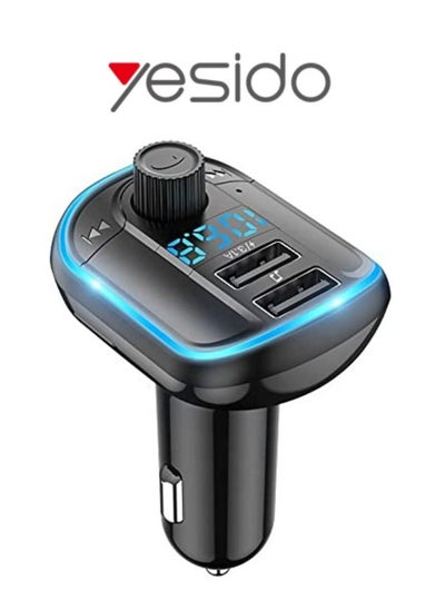 اشتري Yesido Y44 Bluetooth V5.0 FM Transmitter 3.1A Dual USB Car Charger RGB Backlit Light LED Digital Display Wireless Radio Adapter HiFi Music Play Car Kit with Mic Hands Free Calls في الامارات