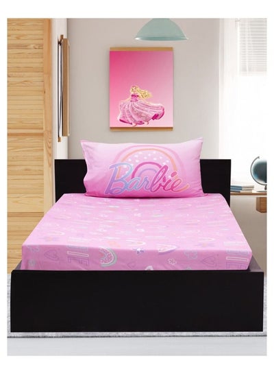 Buy 2-Piece 144TC Poly Cotton Printed Super Soft Quality Kidz Klub Barbie Doll Pink Fitted Bedsheet Twin Set Includes 1xFitted Bed Sheet 120 x 200cm+25cm, 1xPillowcase 50x75cm in UAE