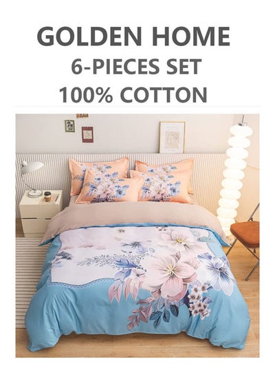 Buy 6-Piece King Size Printed Cotton Duvet Cover Set Includes 1xFitted Bedsheet 200x200+30cm, 1xDuvet/Bed Cover 220x240 cm, 4xPillow cover 50x75cm Multicolour in UAE