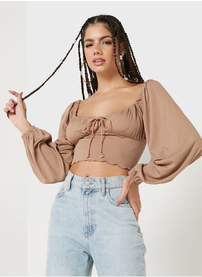 Buy Solid Puff Sleeve Crop Top in Saudi Arabia