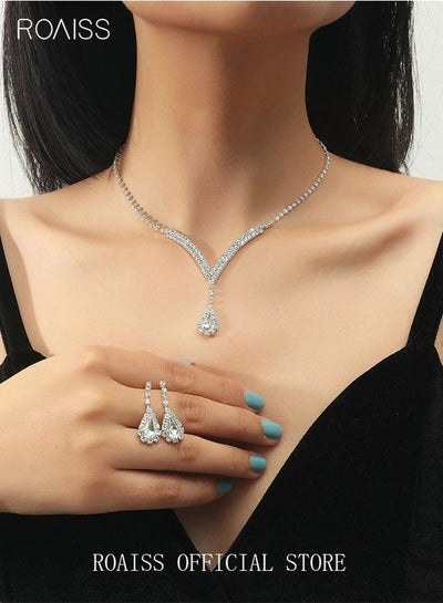 Buy 3 Pcs Rhinestone Necklace Earrings Set Drop-shaped Pendant V-neck Chain Ear Dangle Bridal Evening Dress Accessories for Women Silver/Clear in Saudi Arabia
