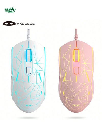 اشتري Magegee G6 Gired Gaming Gaming Mouse ، Mouse USB Optical Mouse مع 7 ألوان تتنفس LED LED ، 6 مستويات DPI قابلة للتعديل من 600 إلى 3200 لألعاب الكمبيوتر كمبيوتر المحمول والعمل - الوردي/الأبيض في السعودية