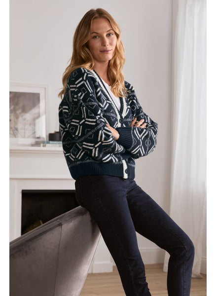 اشتري Women V-neck Norwegian Pattern Cardigan, Navy/White في الامارات