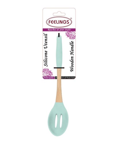 Buy Silicone Slotted Spoon With Rubber Wood Handle Green Color 32.5cm in UAE