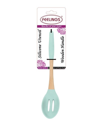 اشتري Silicone Slotted Spoon With Rubber Wood Handle Green Color 32.5cm في الامارات