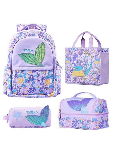 اشتري Kids 16 Inch School Bag With Lunch Bag, Handbag And Pencil Case (Set Of 4) Mermaid - Purple في السعودية