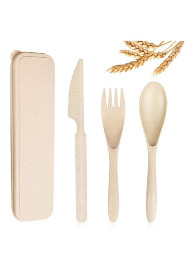 اشتري Reusable Wheat Straw Cutlery, Spoon Knife Fork Tableware set, Travel Utensils Set with Case, Eco-Friendly BPA Free Cutlery for Kids and Adults as Travel Picnic Camping Utensils  ( Beige ) في الامارات