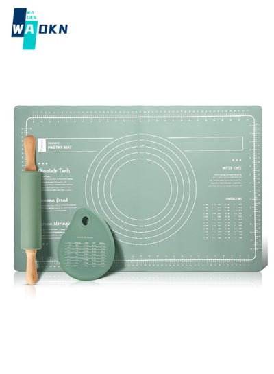 Buy 3-piece Large Silicone Baking Mat Set, Extra Thick Non-stick Non-slip Silicone Pastry Mats for Baking, with 1 Piece Rolling Pin and 1 Piece Non-scraper (Green) in Saudi Arabia