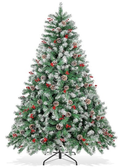 Buy 180cm Snowy Artificial Christmas Tree, Snow Flocked Artificial Trees with Pine Cones Berries Pre-Decorated, 750 Frosted Branch Tip in UAE