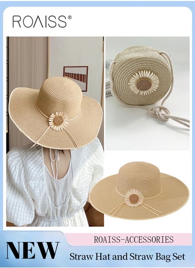 Buy 2 Pcs Straw Hat and Straw Bag Set, Wide Brim Sun Hat with Flower Decoration, Summer Outdoor Foldable UV Protection Beach Hat Crossbody Vacation Beach Bag for Women in Saudi Arabia