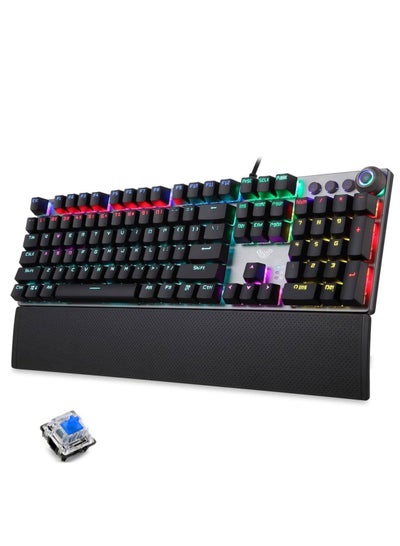 Buy F2088 WIND Full Gaming Mechanical Keyboard – BLUE Switches - Rainbow LED Backlit - EN 104 PBT Keycaps and Metal Panel - Multimedia Control Knob & Wrist Rest - Software | Silver/Black in Egypt