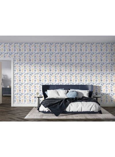 Buy Floral Navy White And Blue Fabric Wallpaper Covers An Area ​​Up To 4.2Mx3M With Adhesive And Smoothing Tool in Egypt