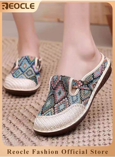 Buy Women's Round Toe Casual Walking Mule Shoes Household Canvas Slippers Old Beijing Shoes Embroidered Shoes Kung Fu Tai Chi Shoes in UAE