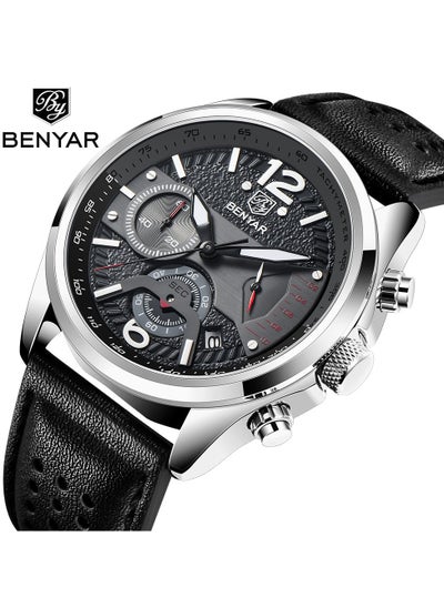 Buy Watches for Men Luxury Quartz Water Resistant Watch Men's Chronograph Genuine Leather Strap 5171 Black in UAE