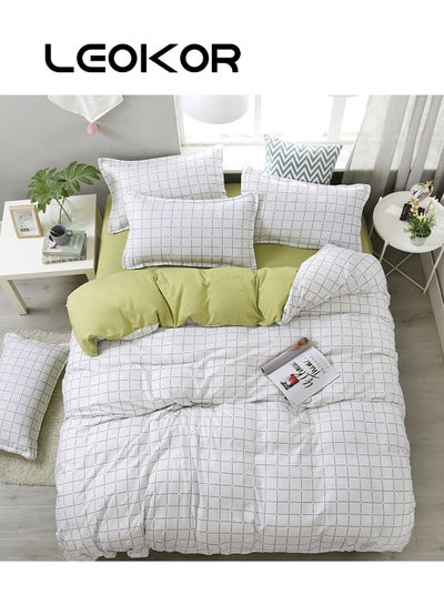 Buy 4-Piece Fresh Lattice Printed Duvet Cover Comforter Set Cotton White/Green 200x230cm in Saudi Arabia