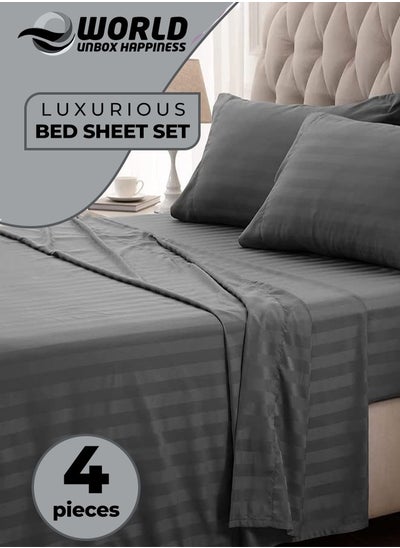 Buy 4-Piece Luxury King Size Dark Gray Striped Bedding Set Includes 1 Duvet Cover (220x240cm), 1 Fitted Bed Sheet (200x200+30cm), and 2 Pillow Cases (48x74+5cm) for Ultimate Hotel-Inspired Sophistication in UAE