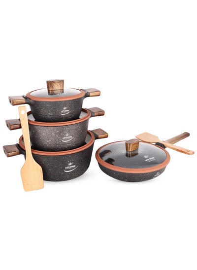 اشتري 10-Piece Cookware Set - Induction Compatible Cooking Set, Titanium Granite Non Stick Coating 100% PFOA FREE, Kitchen Pots and Pans with Bakelite Stay Cool Handles (Brown) في الامارات