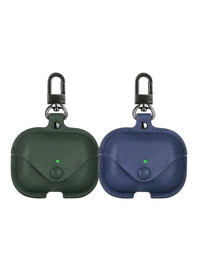 اشتري YOMNA Protective Leather Case Compatible with AirPods Pro 2 Case, Wireless Charging Case Headphones EarPods, Soft Leather Cover with Carabiner Clip (Dark Green/Navy Blue) - (Set of 2) في الامارات