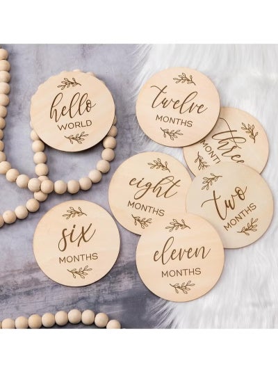 Buy Baby Monthly Milestone Cards Sign - 7 Cute Double Sided Wooden Circles Discs Newborn Memento in Saudi Arabia