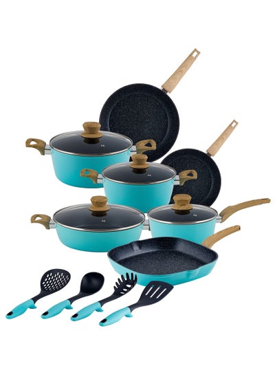 Buy 15 Piece Premium Granite Aluminium Cookware Set, Ice Blue, SV60 in UAE