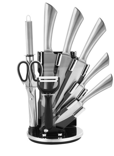 Buy 9 Pieces Kitchen Knife Set with Spinning Block, High Carbon Stainless Steel Blades, Knives For Steak, Bread, Vegetables and more, Includes Knife Sharpener in UAE