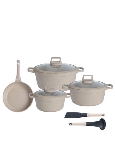 Buy 9-Piece Aluminum Cookware Set Beige; Casserole Sizes 20,24,28CM; Frypan Size 26CM; Tempered Glass Lid With Silicone Ring, Non-Stick & Granite Coating, Induction Bottom For Even Heating in Saudi Arabia