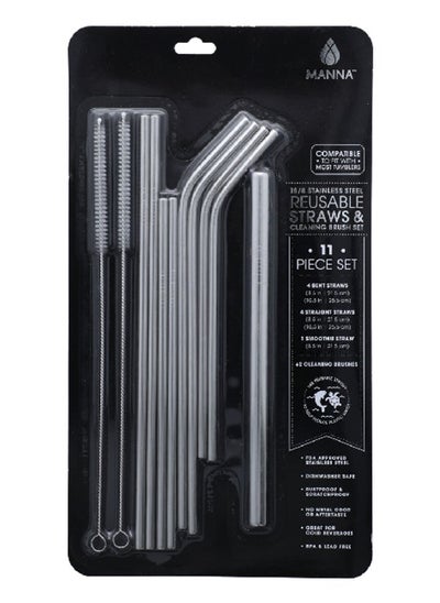 Buy 11-Piece  Reusable Straw and Cleaning Brush Set Silver in Saudi Arabia