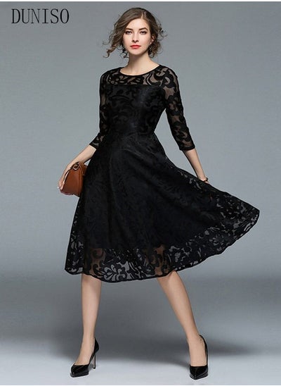 Buy Womens Evening Dress Lace Round Neck Dress for Wedding Party Three-quarter Sleeve A Line Knee Length Dresses Womens Banquet Party Dress Bridesmaid Dress in Saudi Arabia