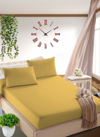 Buy Golden Double Size Striped Bed Sheet Set Cotton 150x200+25cm in UAE