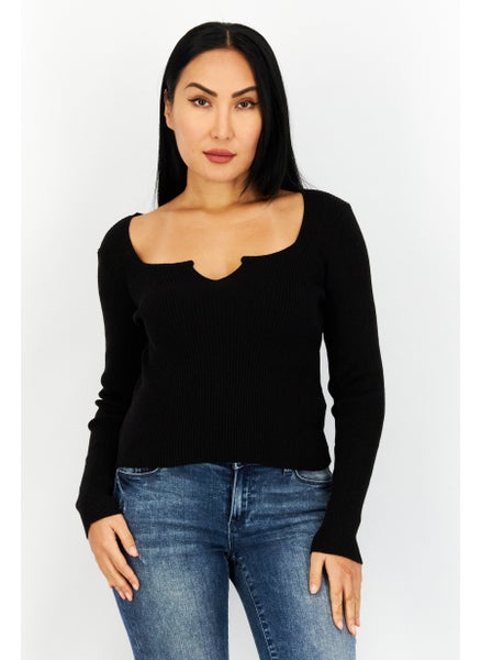 Buy Women Square Neck Long Sleeve Knitted Top, Black in UAE