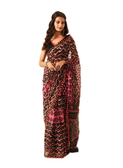 Buy Black and Pink printed cotton saree with pom pom lace and unstitched blouse in UAE