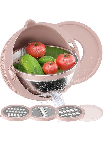 Buy 360° Rotating Vegetable Washing Basin,Multi-functional 4-in-1 Design,Safe Material,With Shredder,Suitable for Washing Fruits/Vegetables/Rice(Pink) in Saudi Arabia